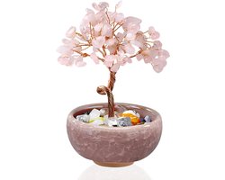 Edelsteenboompje - Rozenkwarts edelsteenboom - Kristallen ornamenten - Levensboom van rozenkwartskristal - Decoraties - Woondecoratie - Bureaudecoratie - Cadeaus met positieve energie voor vrouwen - Roze