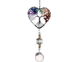 Edelstenen Suncatcher Levensboom - Regenboog Raamdecoratie met Maan & Ster - Spirituele Kristal Hanger voor Zonlichtreflectie - Boho Decoratie voor Huis, Yoga & Meditatie Ruimte - Cadeau Tip - Tree of Life Hanger