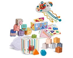 Educatief Baby Speelgoed 6 Maanden - speelgoed 1 jaar - XXL box - 6-in-1 box - Montessori Educatief Speelgoed - 33 psc - Zachte Blokken - Vormen Sorteer Kubus - Trekkoord Speeltje - Educatieve Doekjes - Tissue box - inclusief Opbergtas