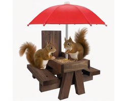 Eekhoorn Picknicktafel Voeder met Parasol – Houten Maïskolf & Notenvoederen voor in de Tuin