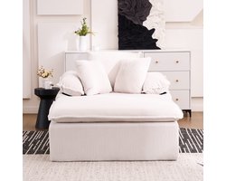 Een 46 cm hoge ligstoel/relaxfauteuil, ontworpen in een binnenhuissstijl, met een frameloos design. Een comfortabelere lees- en relaxfauteuil, uitgerust met brede armleuningen, geen montage nodig- Wit