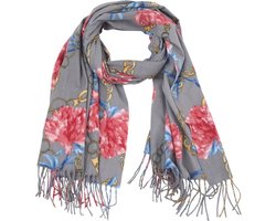 Een comfortabele en zachte sjaal met een mooie print van goudgeelkleurige kettingen en rode/roze bloemen op een grijze ondergrond. De print op de sjaal kan afwijken van de foto. Voor uzelf of Bestel Een Kado.