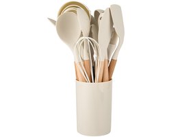 Een complete keukenset, 33-delige antiaanbak siliconen keukenspatelset met opbergrek, siliconen keukengadgets met houten handvatten - beige