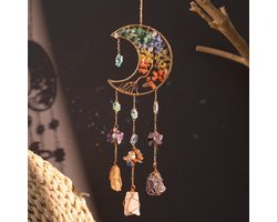 Een dromenvanger met de Levensboom, gemaakt van maankristal en natuurlijke agaat, geschikt om op te hangen in ramen, tuinen en als woondecoratie (kleurrijke maan-levensboom).