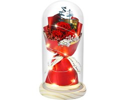 Een geconserveerd bloemencadeau voor haar, een boeket met geconserveerde rozen in een glazen stolp, een boeket met geconserveerde en verse bloemen, een cadeau voor Moederdag of een cadeau voor je moeder, vrouw of oma: echte roze rozen.