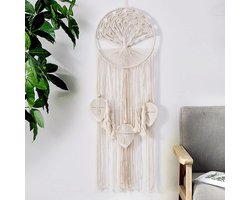Een handgeweven dromenvanger in de vorm van een levensboom, die als vintage trouwdecoratie aan de muur gehangen kan worden.