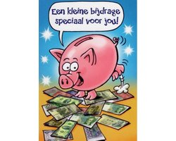 Een kleine bijdrage speciaal voor jou! Van harte gefeliciteerd! Een leuk en grappig spaarvarken. Een dubbele wenskaart inclusief envelop en in folie verpakt.