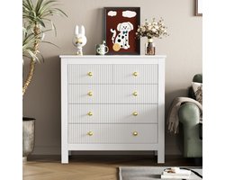 Een ladekast met vijf lades in een wit-gouden kleurenschema – een dressoir/laag kastje met vijf lades – een opbergmeubel met deuren met structuur en gouden handgrepen – wit