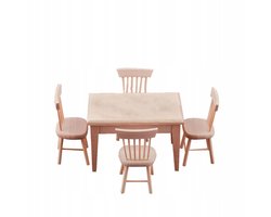 Een set beige mini-houten meubels – bureau en stoel