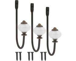Een set van 3 antieke kapstokhaken, geschikt voor ijzeren haken, keramische koppen en messing kroontjes – in vintage landelijke stijl.