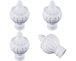 Een set van 4 decoratieve gordijnroedekoppen, witte plastic dopjes, geschikt voor gordijnroedes van 28 mm, afmetingen 105 x 64,6 mm, voor het decoreren van gordijnroedes.