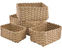 Een set van 4 gele, biologische en milieuvriendelijke opbergmanden van rieten papier. Geschikt voor het opbergen van speelgoed, cd's, cosmetica, luiers en oplaadkabels. Ook leuk als decoratie voor in huis-bruin