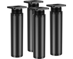 Een set van 4 in hoogte verstelbare meubelpoten van aluminiumlegering en PVC, 10-12 cm hoog, rond, zwart, met een draagvermogen tot 200 kg, universele meubelpoten.