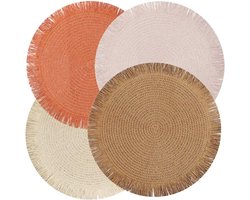 Een set van 4 ronde placemats in bohemian-stijl, versierd met fijne kwastjes, zijn slijtvast, hittebestendig en antislip, geschikt voor keukens, eetkamers, eettafels en woonaccessoires. Ze hebben een diameter van 38 cm.
