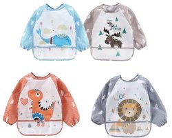 Een set van 4 waterdichte slabbetjes met lange mouwen, geschikt voor baby's, voeding en schilderen, voor kinderen van 6 maanden tot 4 jaar.