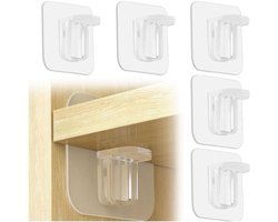 Een set van 5 stevige en aantrekkelijke zelfklevende plankdragers van acryl en hars. Geschikt voor meubels, kasten, kledingkasten en boekenkasten.