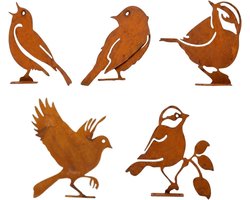 Een set van 5 stuks van roestvrij metaal decoratie vogel tuinpalen, balkon, terras, gazon met vintage smeedijzer buitentuin decoratie.