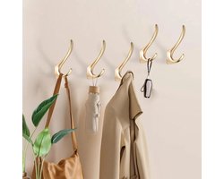 Een set van 5 wandhaken – verguld messing – dubbele haken – Geschikt voor badjassen/handdoeken – badkamer