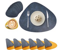 Een set van 6 ronde placemats en onderzetters van PU-leer - dubbelzijdig, waterdicht, wasbaar, antislip en hittebestendig (blauw en geel)