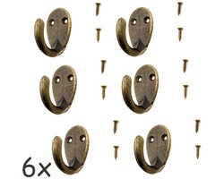 Een set van 6 vintage haken, geschikt voor kapstokken en handdoekrekken, gemaakt van brons, messing en ijzer, in een retro landelijke stijl, ovale vorm.