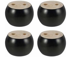 Een set van vier ronde houten meubelpoten, 5 cm hoog, geschikt voor banken, bedden, fauteuils en kledingkasten. Inclusief schroeven en tape (zwart).