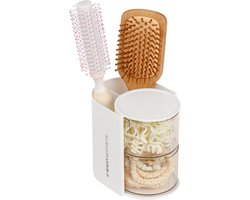 Een transparante, dubbellaagse opbergdoos voor haaraccessoires, compleet met een houder voor haarborstels, een draaibare doos voor kettingen en oorbellen, en een bureau-opbergdoos voor haaraccessoires en wattenstaafjes.