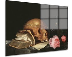Een Vanitas-stilleven met een schedel, een boek en rozen - Jan Davidsz. de Heem glasschilderij - Schedel glas schilderijen - Schilderij Oude meesters - Woonkamer decoratie industrieel - Acrylaat - Slaapkamer muurdecoratie acrylglas 60x40 cm