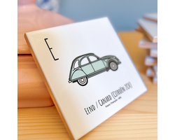 Eend / Canard (Citroën 2CV) - ABC tegeltje Frankrijk-France - Keramiek met Handgetekende Illustratie - Tegeltje met tekst - Wanddecoratie - Woondecoratie - Relatiegeschenk - Souvenir - 10,8 x 10,8 cm