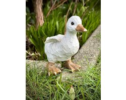 Eend staand klein wit 18 cm hoog - polyresin - polystone - hoogkwalitatieve kunststof - decoratiefiguur - interieur - accessoire - voor binnen en buiten - cadeau - geschenk - tuinfiguur - tuinbeeldje - tuindecoratie