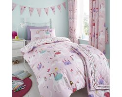 Eenhoorn - Dekbedovertrek - 140 x 200 cm. - Eenpersoons met 1 kussensloop - Unicorn - Prinses - Kasteel - Regenboog - Dekbed - Roze