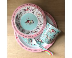 Eenhoorn kinder servies set melamine (bord + kom + bekertje + lepel) - Tyrrell Katz