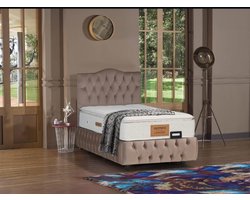 Eenpersoons Boxspring Bed 90 x 200 cm met Opbergruimte – Beige/Taupe met Warme Roze Ondertoon – Inclusief Matras – Totale Hoogte 60 cm