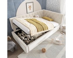 Eenpersoons Boxspring Bed met Hydraulische Opbergruimte 90x200 cm in Beige Velvet