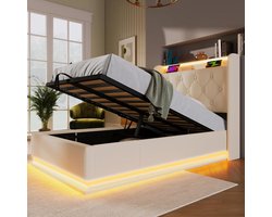 Eenpersoons Boxspring Bed met Opbergruimte en Lattenbodem, 90x200 cm, Wit PU Bekleding