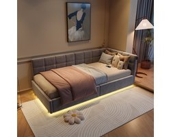 Eenpersoons Boxspring Bed met Opbergruimte, RGB LED Verlichting, USB-C & USB-A, Pluche Stof, 207x101 cm, Slaapbank voor Slaapkamer en Logeerkamer