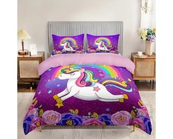 Eenpersoons Dekbedovertrek 140 x 200 - Unicorn - Eenhoorn - Regenboog - Paars - Mooie Kwaliteit - Kind - Meisje