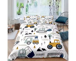 Eenpersoons Dekbedovertrek 140 x 200 - Voertuigen - Vrachtwagen - Graafmachine - Tractor - Bulldozer - Peuter - Kleuter - Kind - Mooie Kwaliteit - Jongen