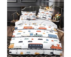 Eenpersoons Dekbedovertrek Set Trein Beddengoed Set Microfiber Cartoon Dekbedovertrek met Kussenslopen Omkeerbaar Beddengoed Met Ritssluiting 120x150CM