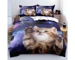 Eenpersoons dekbedovertrekset met paarse sterren en kat, microvezel beddengoedset voor een eenpersoonsbed (jongens en meisjes), onderhoudsvriendelijke, omkeerbare dekbedovertrek 135x200 cm met ritssluiting en 2 kussenslopen 50x75 cm