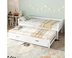 Eenpersoons- en tweepersoonsbedden - uitschuifbed met wieltjes - met 2 lades - wit - 90x200 cm / 90x190 cm - zonder matras