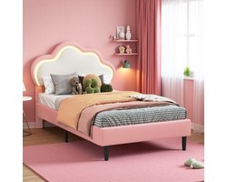 Eenpersoons Kunstleer Cloud Bed 90x200 cm – Bed met LED Licht & Comfortabel Gestoffeerd Hoofdbord