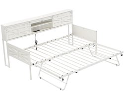 Eenpersoons slaapbank 90/180x200 cm zonder matras met uitschuifbaar bed meerdere opbergvakken en multifunctioneel stopcontact stevig metalen frame modern strak ontwerp geschikt voor slaapkamer en woonkamer wit