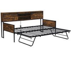 Eenpersoons slaapbank 90/180x200 cm zonder matras met uitschuifbaar bed meerdere opbergvakken en multifunctioneel stopcontact stevig metalen frame modern strak ontwerp geschikt voor slaapkamer en woonkamer Houtkleur