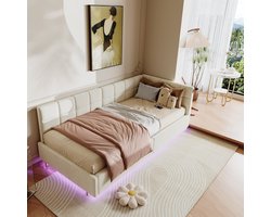 Eenpersoons Slaapbank 90x200 cm - Hydraulisch Opbergbed met USB/Type-C Opladen, RGB-LED Verlichting en Afstandsbediening, Kinderbed en Volwassenenbed, Beige Fluweel