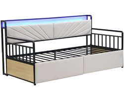 Eenpersoons slaapbank 90x200 cm zonder matras met LED-verlichting opbergruimte oplaadpoort en 2 laden stevig metalen frame stijlvol strak ontwerp Beige