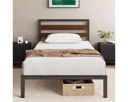 Eenpersoonsbed 80 x 190 cm met bamboe en metaal, zwarte en bruine kleur, hoog hoofdeinde, eenvoudige montage