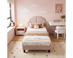 Eenpersoonsbed 90 x 200 cm, kinderbed, jeugdbed met verstelbaar hoofdeinde, bedframe met lattenbodem, prinsessenbed, meisjesbed, fluweel (lichtroze, 90 x 200 cm)