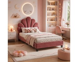 Eenpersoonsbed, 90 x 200 cm, met bekleding, hoofdbord met bloemenprint en lattenbodem, stevig frame, kinderbed, tienerbed, zacht fluwelen bed, meisjesbed, bordeauxrood