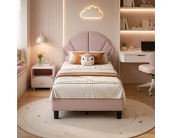 Eenpersoonsbed 90 x 200 cm, met verstelbaar hoofdeinde, kinderbed, tienerbed, lattenbodem, prinsessenbed, meisjesbed 90x200, fluweel, Lichtroze