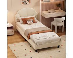 Eenpersoonsbed 90 x 200 cm, modern gestoffeerd bed met fluwelen bekleding, in hoogte verstelbaar hoofdbord en lattenbodem, matras niet inbegrepen